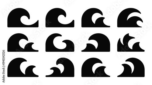 Abstract layered wave silhouettes over white background ocean wave graphics black wave shapes