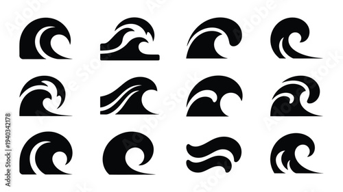 Collection of abstract ocean wave silhouettes in black on white background for design and branding
