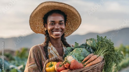 Harvest Bounty: A beaming farmer with a radiant smile carries a basket brimming with fresh produce, embodying the spirit of nature's abundance and the rewards of hard work.