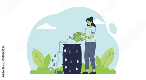 Woman collecting rainwater in barrel for sustainable gardening and eco-friendly lifestyle