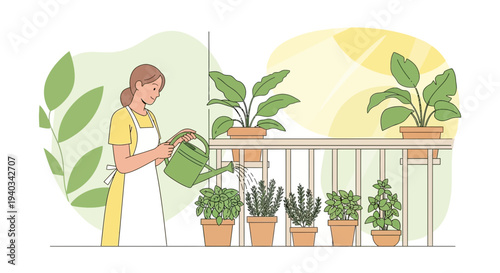 Woman watering plants on balcony, enjoying urban gardening and home greenery