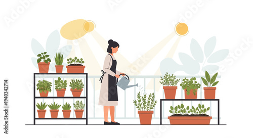 Woman watering plants on balcony, urban gardening, healthy lifestyle, home greenery