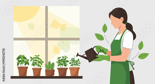 Woman watering potted herbs on windowsill with sunlight, home gardening concept