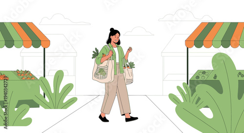 Woman with reusable bags at outdoor farmer's market, shopping for fresh produce