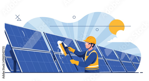 Worker cleaning solar panels under the sun, renewable energy concept