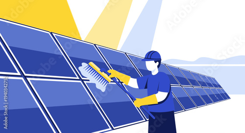 Worker cleaning solar panels, renewable energy, sustainable power generation, sunny day