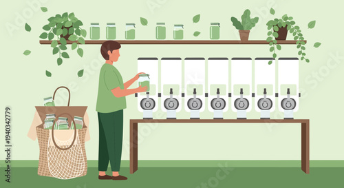 Zero Waste Store: Person Refilling Jars from Bulk Dispensers, Eco-friendly Shopping