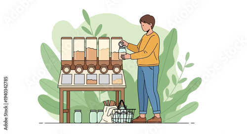 Zero waste shopping: Person filling jar with bulk food from dispenser, sustainable lifestyle