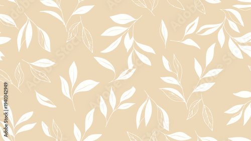 White Leaves Pattern on Beige Background.