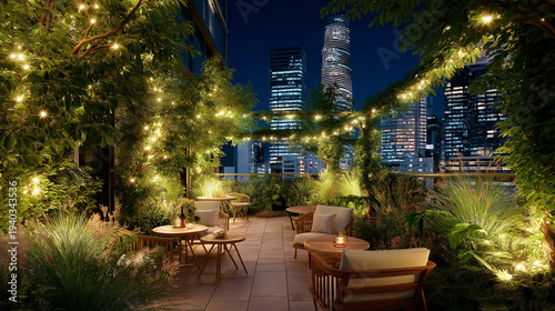 Cozy rooftop garden at night lit by fairy lights with lush plants, chairs and a glowing city skyline