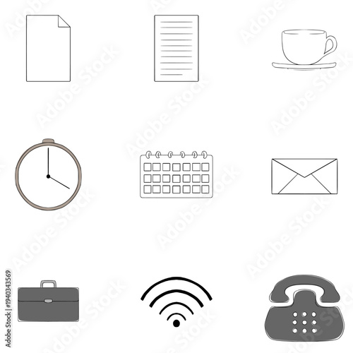 Office icons set Outline Hand draw illustration for Work Place Job or Career Concept