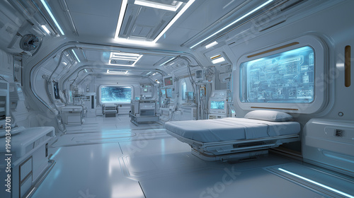 Futuristic medical bay in a hospital bathed in soft white and blue light with advanced holographic equipment