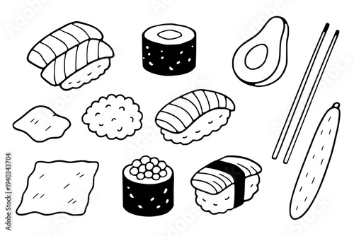 Hand-drawn black and white illustration of various sushi and Japanese food elements featuring nigiri, maki rolls, avocado, cucumber, and chopsticks