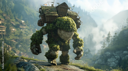 Giant stone golem overgrown with moss carrying a village on its shoulders walking through a misty fantasy landscape