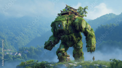 Giant stone golem overgrown with moss carrying a village on its shoulders walking through misty landscape