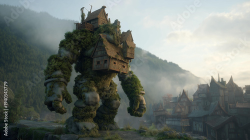 Giant stone golem overgrown with moss carrying a village on its shoulders walking through misty fantasy landscape