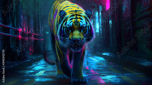 Cybernetic tiger prowling a dark alley at night with neon reflections on metal stripes and rain droplets creating a moody futuristic scene