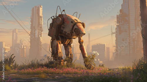 Timeworn robot tending a small flower garden in a post apocalyptic city with crumbling skyscrapers conveying hope amid decay