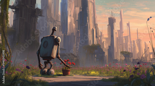 Timeworn robot tending a small flower garden in a post-apocalyptic city among crumbling skyscrapers conveying hopeful resilience