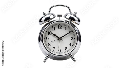 Classic chrome twin-bell alarm clock illuminated against a stark black background.