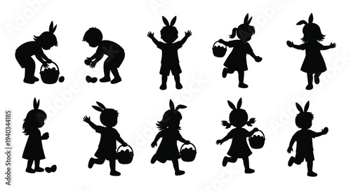 Joyful children wearing bunny ears engaged in an Easter egg hunt, depicted in a charming vector illustration.