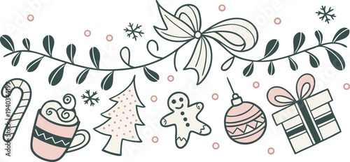 Christmas decorations and treats in a festive holiday scene with candy cane mug tree gingerbread man ornament and gift on white background with pink accents