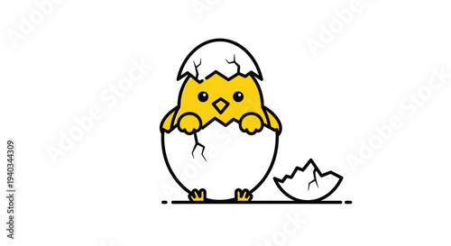 Adorable cartoon baby chick hatching from a broken white eggshell in a simple vector graphic illustration