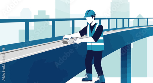 Construction worker inspecting bridge structure for maintenance and repair, urban background