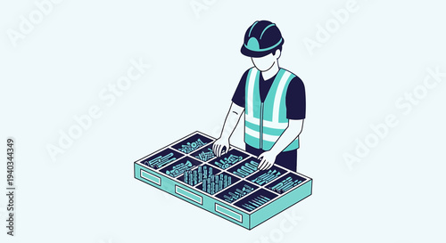 Construction worker inspecting inventory on a pallet, safety vest and hard hat