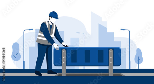 Construction worker installing a blue safety barrier on a city street.