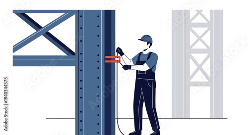 Construction worker inspects steel beam with measuring tool on industrial site