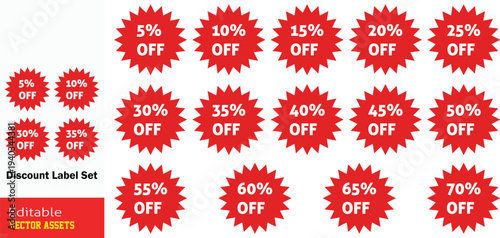 Red Starburst Discount Labels Set with Percentage Off Tags and Editable Vector Assets for Sales Promotion