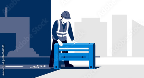 Construction worker installing a blue safety barrier on a city street, urban development concept.
