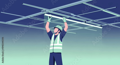 Construction worker installing ceiling lights in a modern office building, professional installation