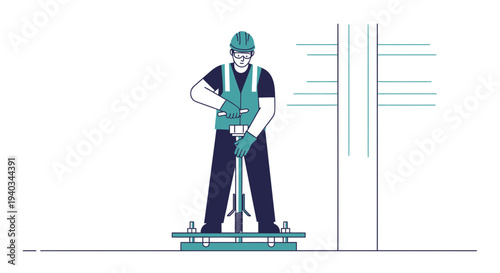 Construction worker installing anchor bolt on concrete foundation for utility pole