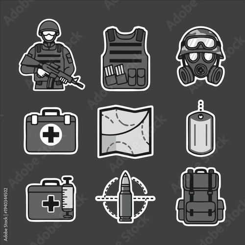 Military Equipment Icons Set – Tactical Gear and Survival Tools Vector Pack