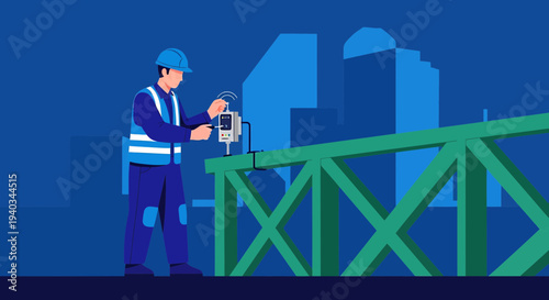 Construction worker installing smart sensor on bridge railing with city skyline background