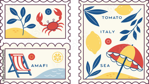Vibrant beach stamps with crab umbrella and chair on sandy shore with sea and sun