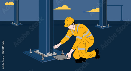Construction worker installing steel column base plate with shims at night