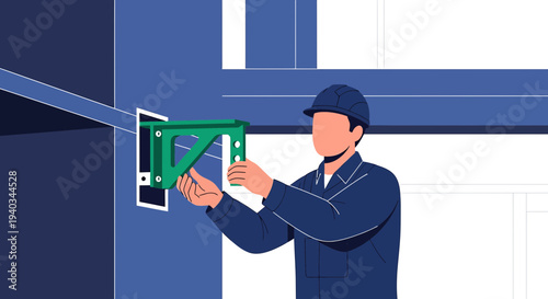 Construction worker installing support bracket on blue beam structure, industrial building site