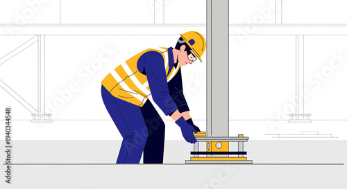 Construction worker installing steel column base on foundation, safety gear