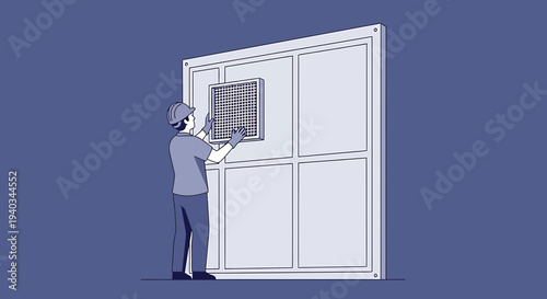 Construction worker installing ventilation grille on building facade, industrial building exterior