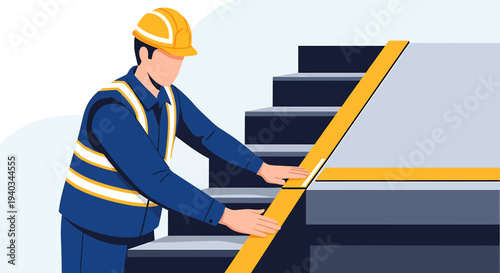Construction worker installing yellow safety tape on stairs, safety measures, industrial setting