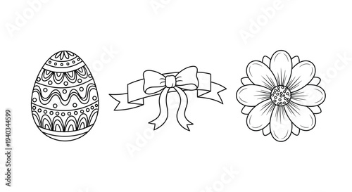 Black outline vector graphic illustration set featuring an ornate easter egg a ribbon banner and a simple flower