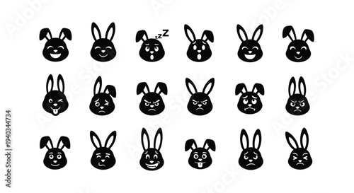 A diverse collection of expressive vector rabbit face illustrations showcasing a wide range of emotions and moods.