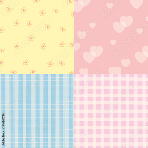 Four set of background designs with heart, flower, checked pattern for wallpaper, backdrop, ad template, frame, paper design, social media, poster, sticky note, floral fabric print, Valentine's Day