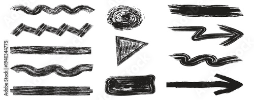 set of grunge black paint, ink brush strokes.   Freehand grunge brush illustration.  Vector dirty distress texture banners for social networks story and posts.