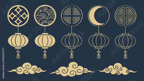 Golden chinese lanterns and clouds on dark blue background for mid autumn festival or chinese new year celebration decoration