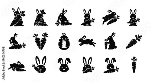 Collection of black and white vector graphic illustrations featuring rabbits and carrots for holiday design