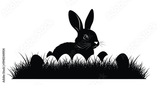Black silhouette vector graphic illustration of an Easter bunny hiding among decorated eggs in tall grass